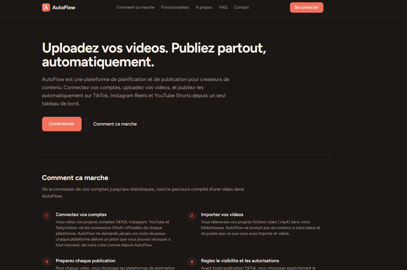 Page d'accueil publique d'AutoFlow : « Uploadez vos vidéos. Publiez partout, automatiquement. », suivie de la section « Comment ça marche ».