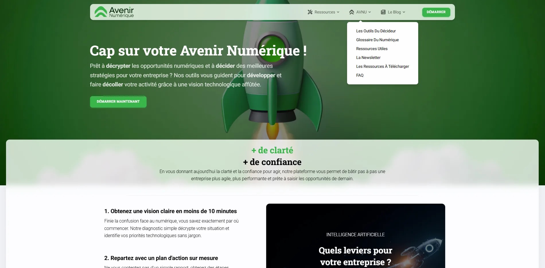 Page d'accueil d'AVNU : « Cap sur votre Avenir Numérique ! », menu de navigation déployé sur les rubriques du site.